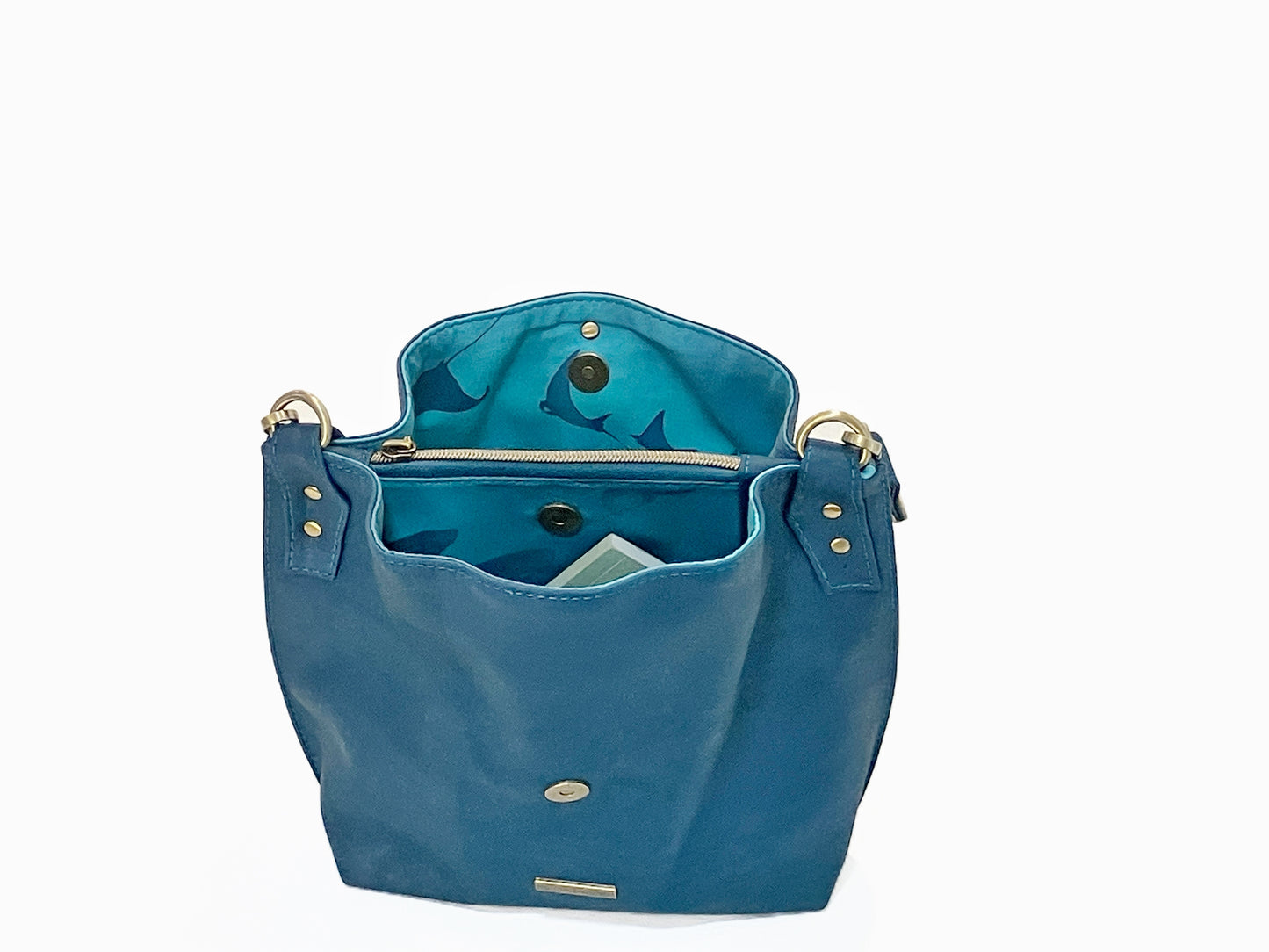 Slouchy Cork Shoulder Bag in Peacock with Whales and Rays