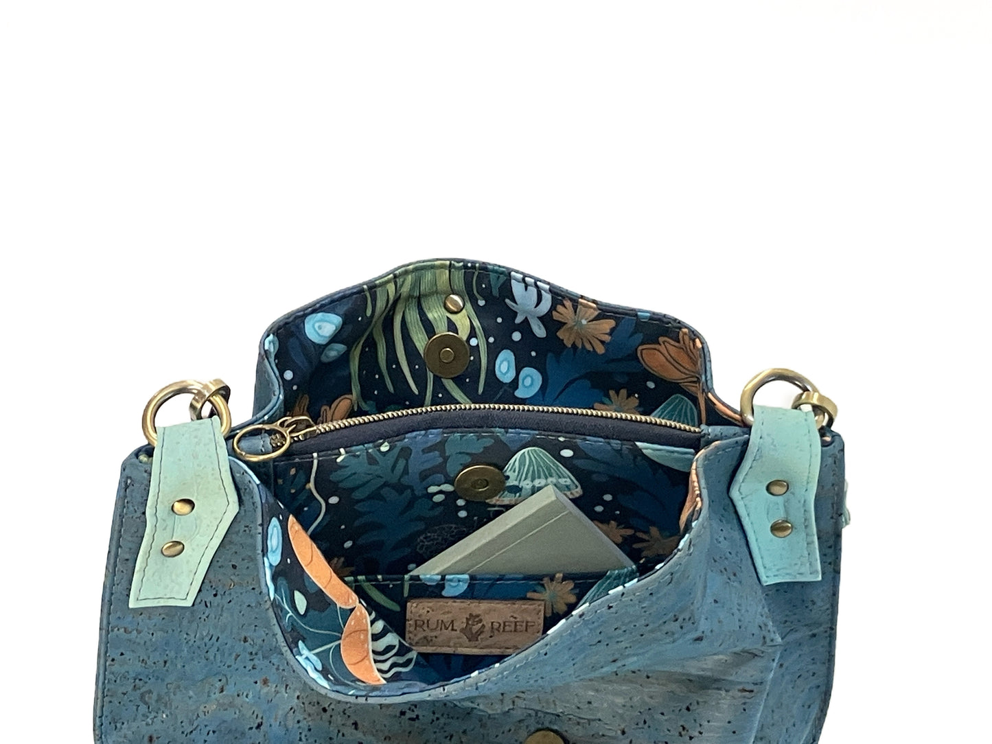 Cork Hobo Bag in dark teal with Jellyfish Print Lining