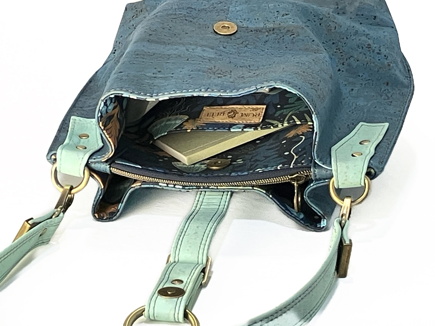 Cork Hobo Bag in dark teal with Jellyfish Print Lining